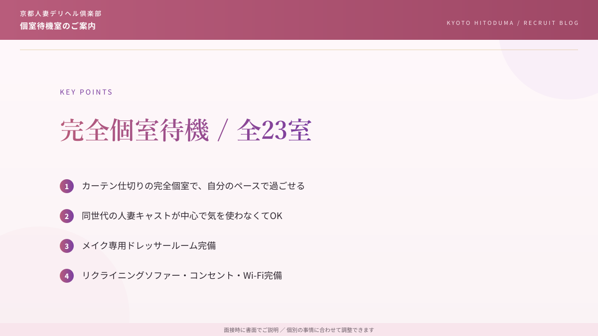 メイクルームや常備設備など待機室の設備案内